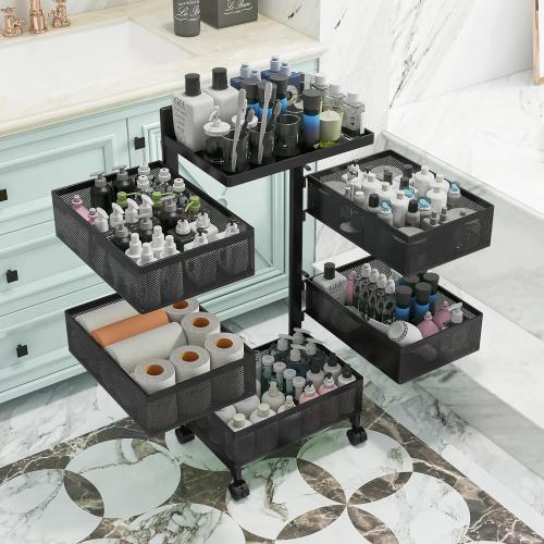 Rolling Rotating Storage Cart No Assembly Required，Bathroom Shelf Fruit and Vegetable Basket for Kitchen,Storage Drawer Organizer Cart ，Metal Utility cart on Wheels(Black, 5 Tier-Square)