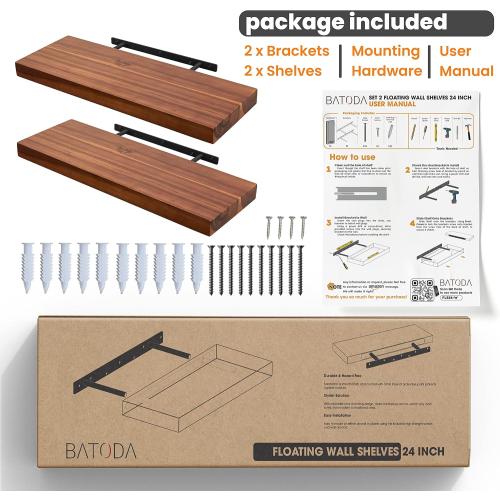 BATODA Set of 2 24 Acacia Wood Floating Shelves Wall Mounted – Rustic Farmhouse Wooden Wall Storage Shelf for Bedroom, Kitchen, Home Décor - Brackets and Shelving Hardware Included