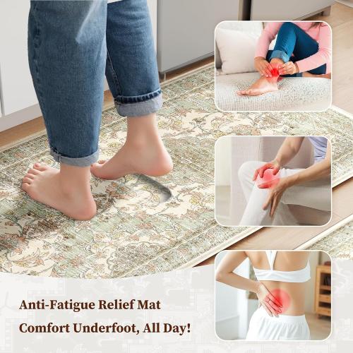 Boho Kitchen Mats for Floor 2 Piece Set Anti Fatigue Cushioned PVC Kitchen Rugs Non Slip Waterproof Farmhouse Mats  Comfort Standing Mat for Laundry, Green Orange Beige