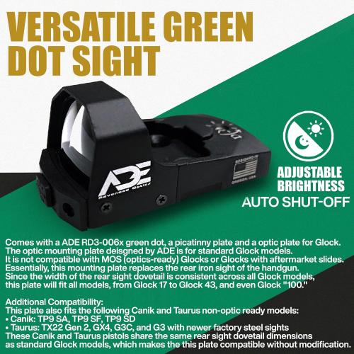 ADE RD3-006x Green Dot   D1 Rear Optic Mounting Plate/Adapter for All Glock (Non-MOS, Non-Aftermarket Slide) Standard Models,Canik TP9SF,Taurus GX4,TX22 GEN2,G3C,G3 with Factory Steel Sights Pistol