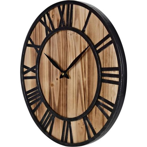16-Inch Rustic Vintage Metal & Wood Silent Non-Ticking Decorative Wall Clock with Large Roman Numerals