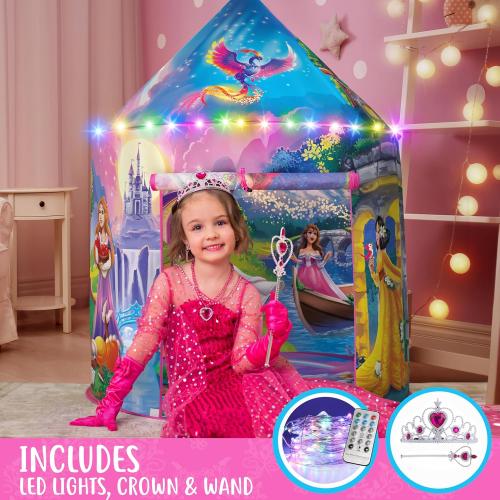 W&O Princess Tent with Fantasy Sound Button, LED Lights, Crown & Wand – Magical Indoor & Outdoor Playhouse for Kids Ages 3-8