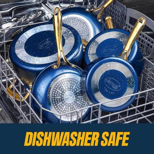 Gotham Steel 12 Pc Pots and Pans Set Non Stick Ceramic Cookware Set | Non Toxic PFOA/PFOS/PTFE Free, Stay Cool Stainless Steel Handles, Dishwasher and Oven Safe, Navy Gold