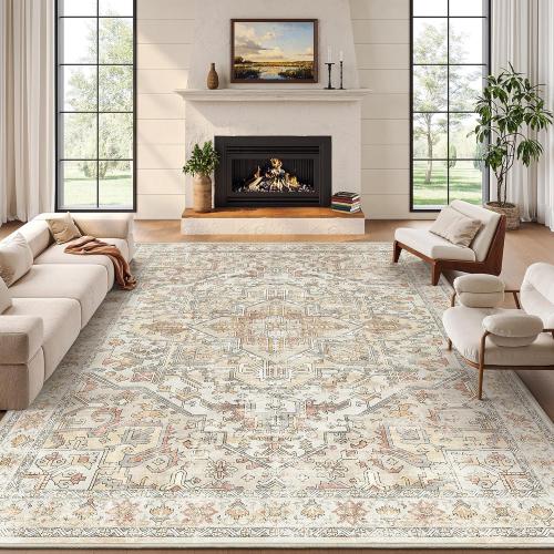 Size  8x10 Color Grey Area Rugs - Stain Resistant Washable Rug for Living Room, Non-Slip Backing Large Area Rug with Ultra-Thin Low Pile for Bedroom, Vintage Home Decor