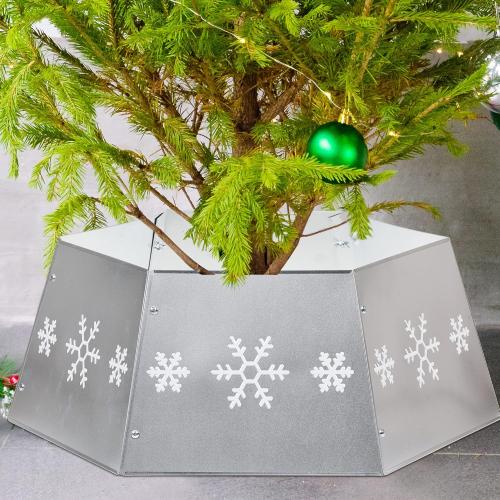 FORUP Metal Christmas Tree Ring with Printed Snowflake, Tree Skirt Base Stand for Tree Decorations (Silver)