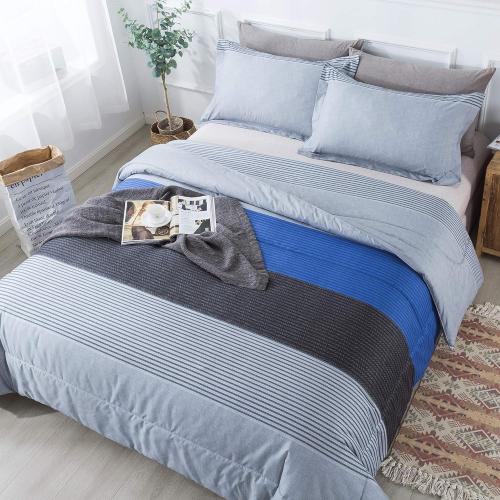 Andency Full Size Blue Comforter  Gray and Blue Patchwork Striped Comforter, Soft Down Alternative Comforter Bedding