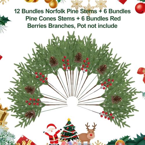 24 Pcs 18 Inch Real Touch Norfolk Pine Branches Christmas Greenery Stems with Pinecones & Red Berries for Christmas Decorations