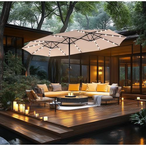 Size 15ft Color  beige Double Sided Patio Umbrella with Solar Lights, Outdoor Large Umbrellas with Crank Handle and 36 LED Lights, Rectangular Market Umbrella with Base Included for Deck Pool Shade, Beige