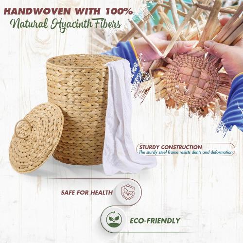 Size 3 gallon Wicker Trash Can with Lid and Removable Liner, Wicker Rattan Bathroom Trash Can, Large Woven Bin for Office, Hyacinth Waste Basket for Home Kitchen (Natural, 3 Gallons)