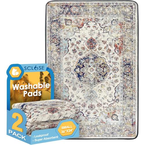 Size 36x24 Color Grey Pack of 2 Washable Pee Pads for Dogs 2 Pack, 36 x 24 Reusable Puppy Pads Waterproof, Super Absorbent Dog Rugs, Leakproof, Dog Crate Pad, Playpen Mat, Whelping Pads, Vintage Medallion