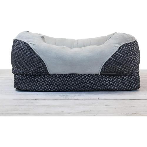 BarksBar Snuggly Sleeper Diamond Orthopedic Dog Bed Cat Bed with Foam Mattress, Plush Sleeping Space, and Soft Cotton Bolster Pillow, Small 26 x 20 Inches, Gray
