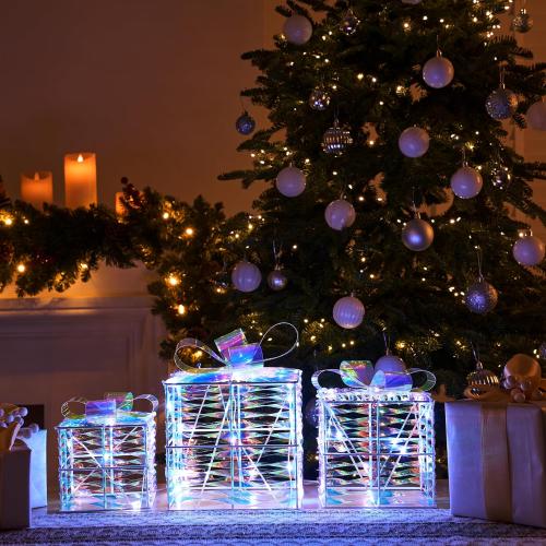 JOIEDOMI Christmas Lighted Gift Boxes, Light Up Christmas Decorations Set of 3 Iridescent Present Boxes, Xmas Boxe Light with LED Cool White for Indoor Porch Patio Holiday Xmas Eve Night Décor