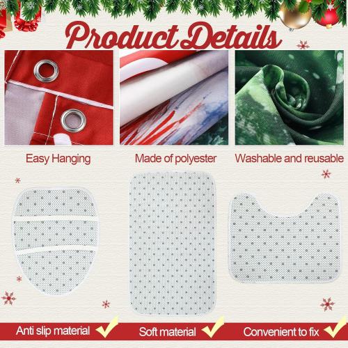 Vesici 7 Pcs Christmas Shower Curtain Set Merry Christmas Bathroom Curtain Non Slip U Shape Rugs Toilet Seat Cover Mat and 3 Towels Waterproof Watercolor Xmas Winter Bathroom Accessories