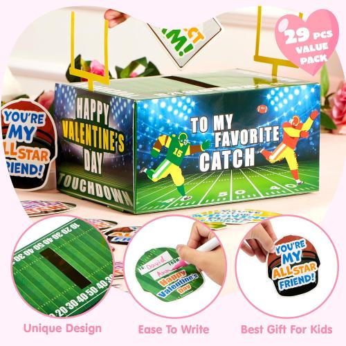 JOYIN Valentine Boxes Football Classroom Mailbox with Cards for Kids, Party Favor School Exchange Prizes with Teacher Card, 4 Designs, 29 Pcs