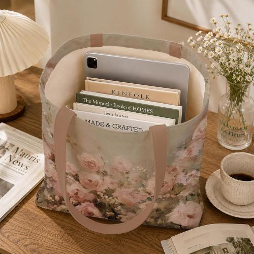 Vintage Pink Rose Floral Canvas Tote Bag, Cottagecore Botanical Wildflower Reusable Grocery Shopping Bag
