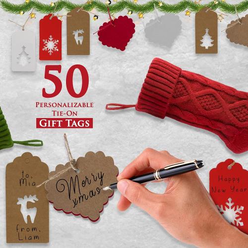 RFAQK 18 Inches Large Christmas Stockings 4 Pack - Burgundy Red, Ivory White, Green - Stretchable Knitted Xmas Stockings with 50Pcs Personalizeable Gift Tags for Family Holiday Christmas Décor