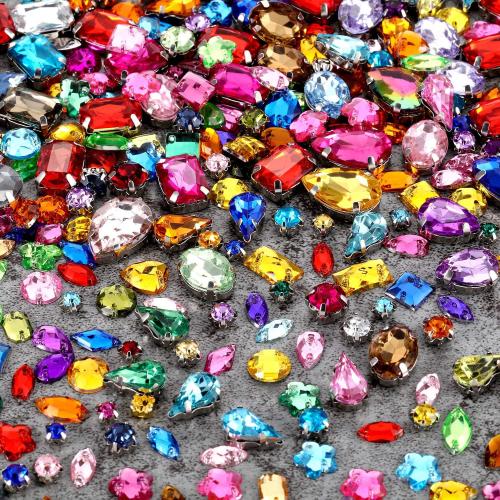 WILLBOND 320 Pieces Sew on Rhinestone Glass Crystals Acrylic Gems with Hole Silver Prong Setting Flatback Claw Mix Shape Mix Size for DIY Crafts Dress Clothes Shoes Bag Decorations