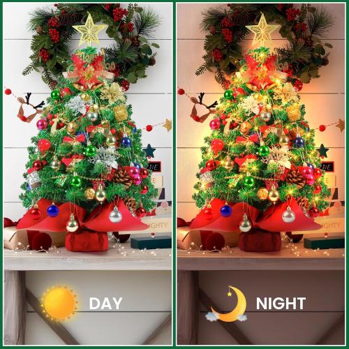 2FT Mini Christmas Tree, Artificial Tabletop Christmas Trees with 60 LED Lights, Prelit Small Christmas Tree, 100 Branch Tips, 80 Ornaments, Indoor Christmas Table Decor for Home Party