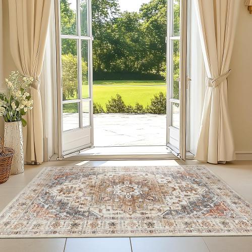 Madane Washable Area Rug 2x3, Small Entryway Rug Non-Slip Vintage Door Mat Indoor Entrance, Low Pile Floor Carpet for Inside Front Door Bedroom Kitchen Entry Laundry (2'x3', Turmeric/Grey)