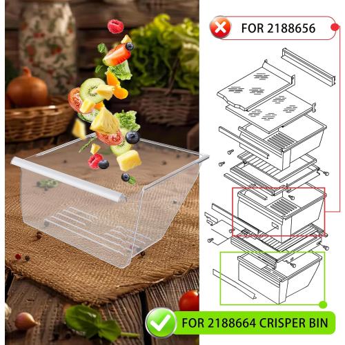 Kojem 2188664 Crisper Drawer Bin (Lower) Replacement for WP2188664 Compatible with Whirlpool, Kenmore, Maytag, Kitchenaid Refrigerator Clear Crisper Pan W/White Handle Plastic（PS)