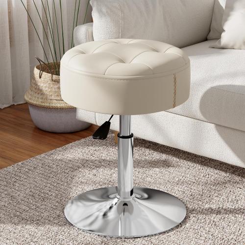 ACEQLYT® Vanity Stool with High-Density Non-Sagging Foam & Metal Base, Vanity Chair for Makeup Room, Height Adjustable 360° Swivel Ottoman, White PU Leather Makeup Chair for Bedroom, Bathroom
