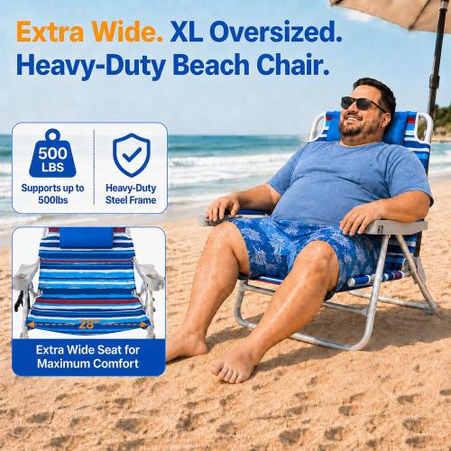 SUNNYFEEL XL 28 Extra Wide Beach Chair for Adults,Low Backpack Beach Chair | 5-Position Lay Flat Reclining, 500 lb Heavy Duty Folding Chair with Pillow & Cup Holder, Darkblue Stripe