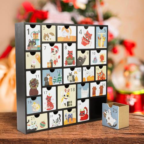 SUNGIFT Wooden Advent Calendar with Drawers - Refillable Christmas Countdown Calendar with Cute Cat Design for Gifts