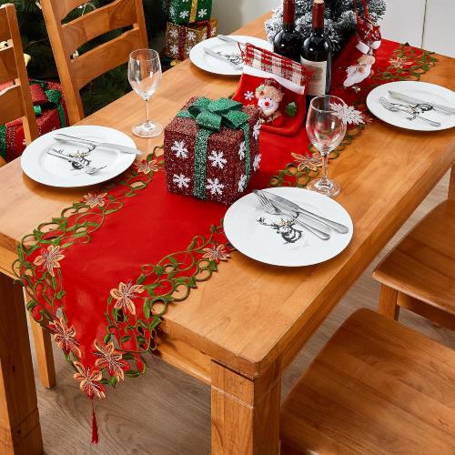 AMARED Christmas Embroidered Table Runner Cutwork Green Leaves Holiday Table Linens for Christmas Decorations 15x69 Inch