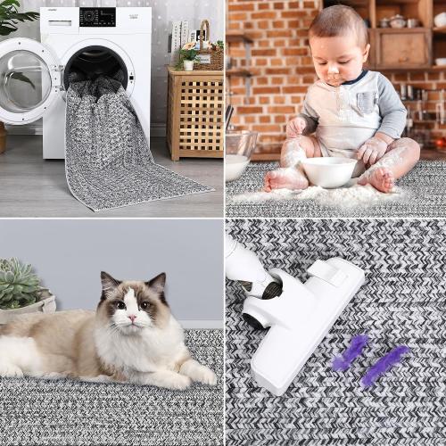 Runner Rug Print Braided Hallway Runner Rug Washable Entryway Rug, Stain Resistant Non-Slip Area Rug Farmhouse Solid Printed Textured Carpet for Bedroom Laundry Kitchen, Grey, 2' x 6'