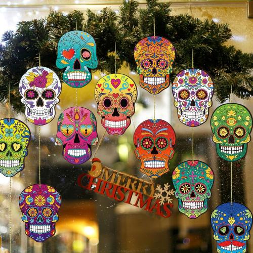 36 Pcs Sugar Skull Christmas Ornaments Wooden Day of The Dead Hanging Ornaments for Christmas Tree Xmas Dia De Muertos Cinco De Mayo Holiday Decoration