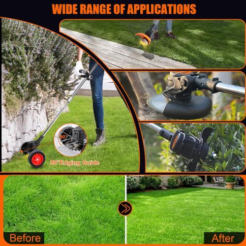 Electric Weed Wacker Cordless with Wheels,21V Battery Powered Weed Wacker 3-in-1 Grass Trimmer/Brush Cutter/Edger, 2pcs Batteries&4 Types Blades, Lightweight, Low Noise for Thick Weeds&Yard Garden