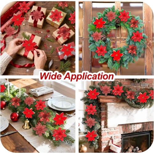 36 Pcs Poinsettia Flowers Artificial with Clips and Berry Stems Christmas Flowers Glitter Ornaments for Christmas Tree Wreath Fireplace Stairs Decorations (Red)