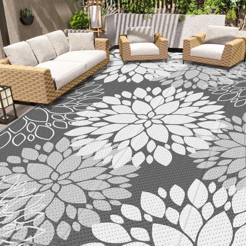 LuxStep Outdoor Rug Waterproof Outdoor Plastic Straw Rug Reversible Patio Rug Mat Outdoor Decor Large Area Mats for RV, Picnic, Backyard, Balcony, Porch, Beach, 8' x 10' Grey