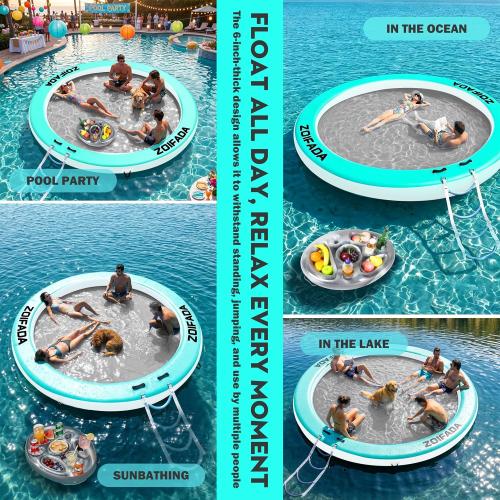 Inflatable Water Hammock Round Floating Ring,8/10/12FT Heavy Duty Pool Float for Adults,Inflatable Tanning Pool Float Island Dock for Lake/River/Ocean,w/Cup Holder,10FT&12FT Include 4-Step Soft Ladder