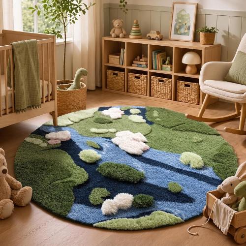 YIHOUSE 4ft Moss Round Area Rug 3D Cute Green Grass Rugs for Bedroom Machine Washable Non-Slip Boho Circle Rug Soft Fluffy Carpet for Living Room Bathroom Nursery Room, Pond