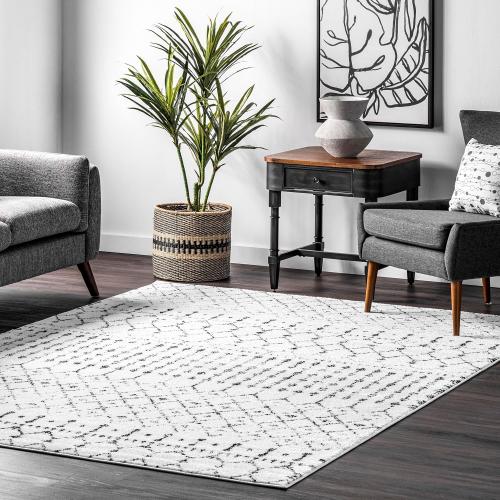 nuLOOM 5x7 Moroccan Blythe Area Rug, White and Black, Faded Bohemian Design, Stain Resistant, For Bedroom, Dining Room, Living Room, Hallway, Office, Kitchen, Entryway