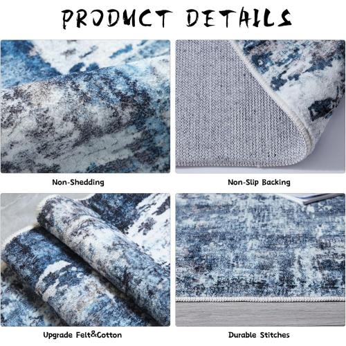 8x10 Rug Washable Boho Rug Soft Large Area Rug Non-Slip Non-Shedding Faux Wool Vintage Rug for Living Room, Farmhouse, Dining Room, Indoor, Kids Playroom, Blue