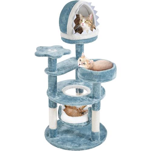 Yaheetech 45.5in Ocean-Themed Cat Tree Multi-Level Cat Tower, Plush Pet Furniture with Shark's Mouth-Shaped Nest, Sea Star-Shaped Perch, Jellyfish-Style Hammock for Indoor Kitty