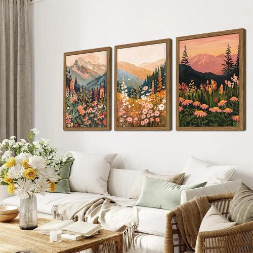 Boho Colorful Landscape wall art Wildflower Mountain Wall Decor Vintage Floral Forest Paintings Rustic Nature Pictures Canvas Prints for Living Room Bedroom Dining Room 16x24 Inch Wood Framed