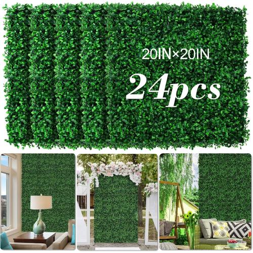 AOKIE 20X20 Artificial Grass Wall, 24Pcs Boxwood Hedge Wall Panels UV-Anti Grass Backdrop Wall Decor, Greenery Privacy Hedge Screen for Indoor Outdoor Patio Balcony, Party Garden Fence Decor