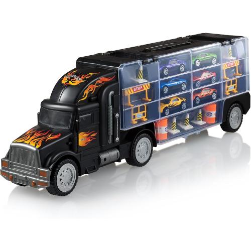 Toy Truck Car Carrier - Includes 6 Toy Cars and Accessories, Fits 28 Toy Car Slots - Great Gift for Boys and Girls - Original - By Play22