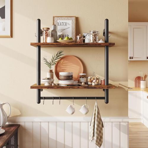 Bestier 24 Floating Kitchen Shelves Wall Mounted 2 Tier Coffee bar Shelves with 8 Hooks, Industrial Wall Shelf for Kitchen, Living Room Bedroom, Rustic Brown