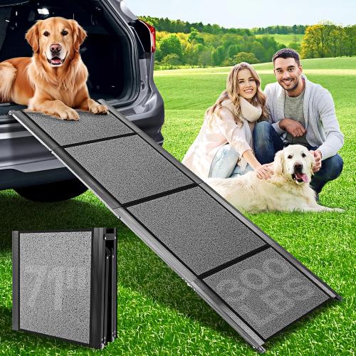 Dog Ramps for Large Pets, 71 Extra Long & 20 Extra Wide Foldable Aluminum Dog Ramp for Car, Support Up to 300LBS, Portable Non-Slip Rug Surface Pet Ramps for SUV, Truck, Van, Stairs, Bed, Couch