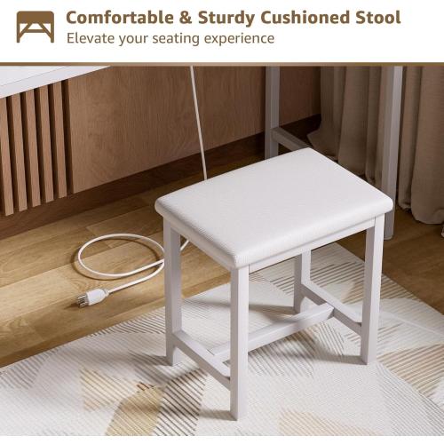 Girls Vanity Desk with Mirror and Lights Small Makeup Vanitys Set with Chair Fabric Drawers Power Outlet, Dressing Table Vanities for Kids Bedroom 40“ White