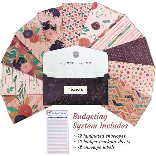 Saveyon 12 Laminated Budget Envelopes & Budget Sheets for Cash Envelope System, Money Envelopes for Budgeting, Budget Planner Organizer to Simplify Your Money Management & Expense Tracking