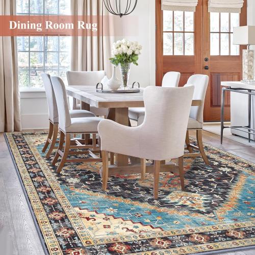 Yamaziot Washable Area Rugs 5x7 – Non Slip Boho Vintage Rug for Bedroom, Low Pile Floor Carpet Soft Distressed Rug for Living Room, Bedroom, Dining Room, Black Navy Blue