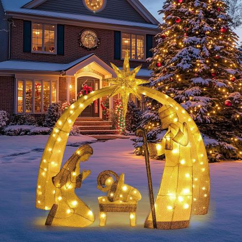 Christmas Decorations 55-inch Illuminated 2D Outdoor Nativity Scene, Christmas Arch Holy Family Yard Decoration, Includes LED Lights, Ground Pegs, and Cable Ties.