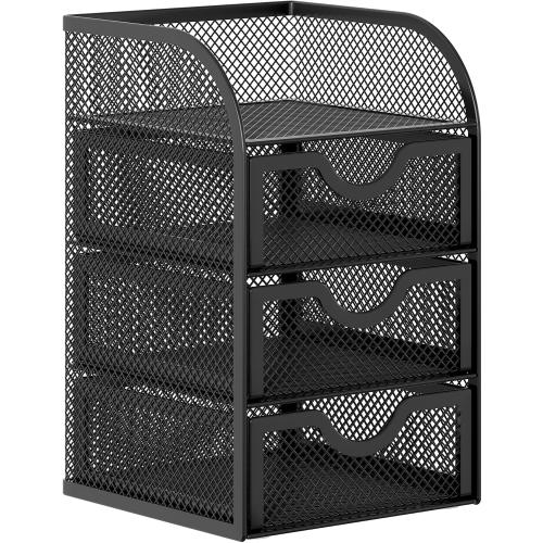 EasyPAG Mesh Desk Organizer with 3 Drawer Office Desktop Organizers and Accessories Stationery Caddy for Office, Home, Students, Black