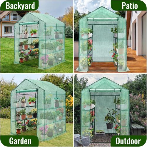 Greengro Greenhouse, 57 x 57 x 76'' Greenhouses for Outdoors, Portable Greenhouse Kit with Mesh Side Windows, PE Cover, 8 Shelves, Heavy Duty Walk in Green House for Backyard Garden Indoor Outside