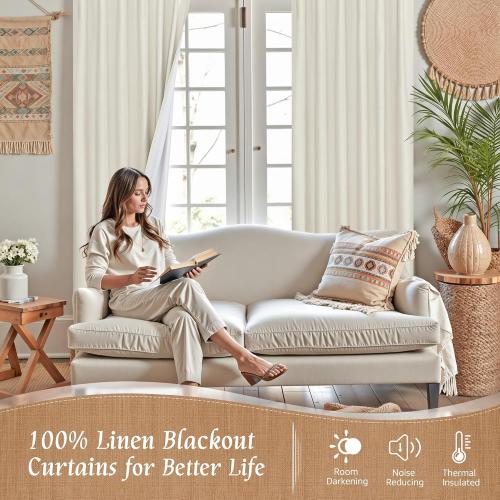 LAMIT 100% Blackout Natural Linen Curtains, 63 Inches Linen Textured Thermal Bedroom Curtains Back Tab and Rod Pocket Neutral Panels with White Liner for Farmhouse, , 52 x 63 Inch, Ivory